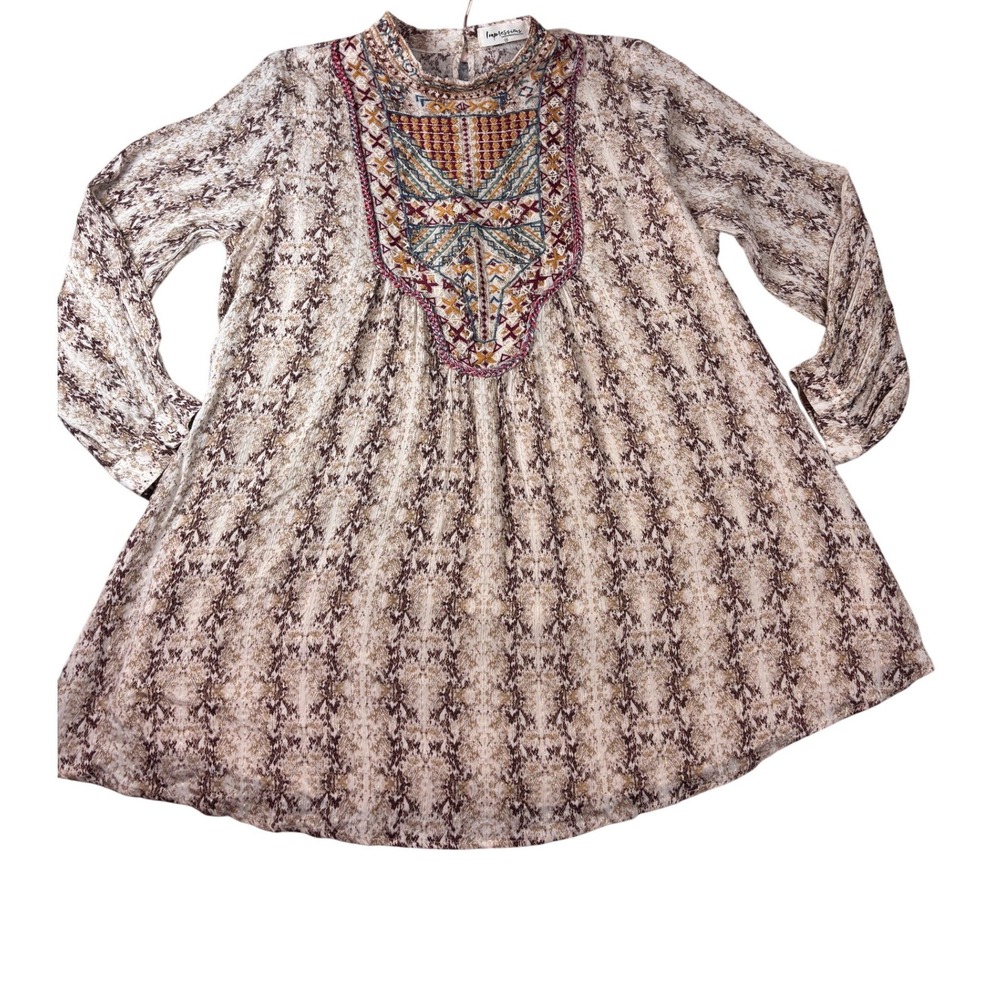 Impressions Women‎ 1X Blouse Cream Brown Embroidered Mock Neck Boho Shimmer Top